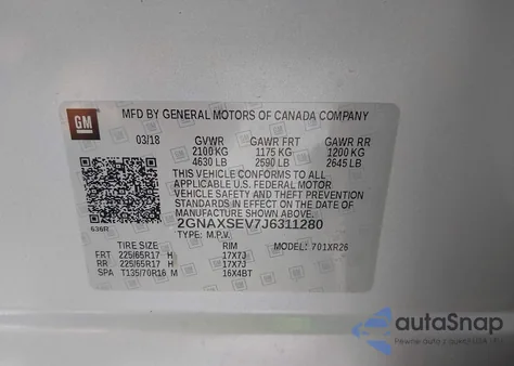 2018 Chevrolet Equinox Lt из США, поврежденный, VIN 2GNAXSEV7J6311280